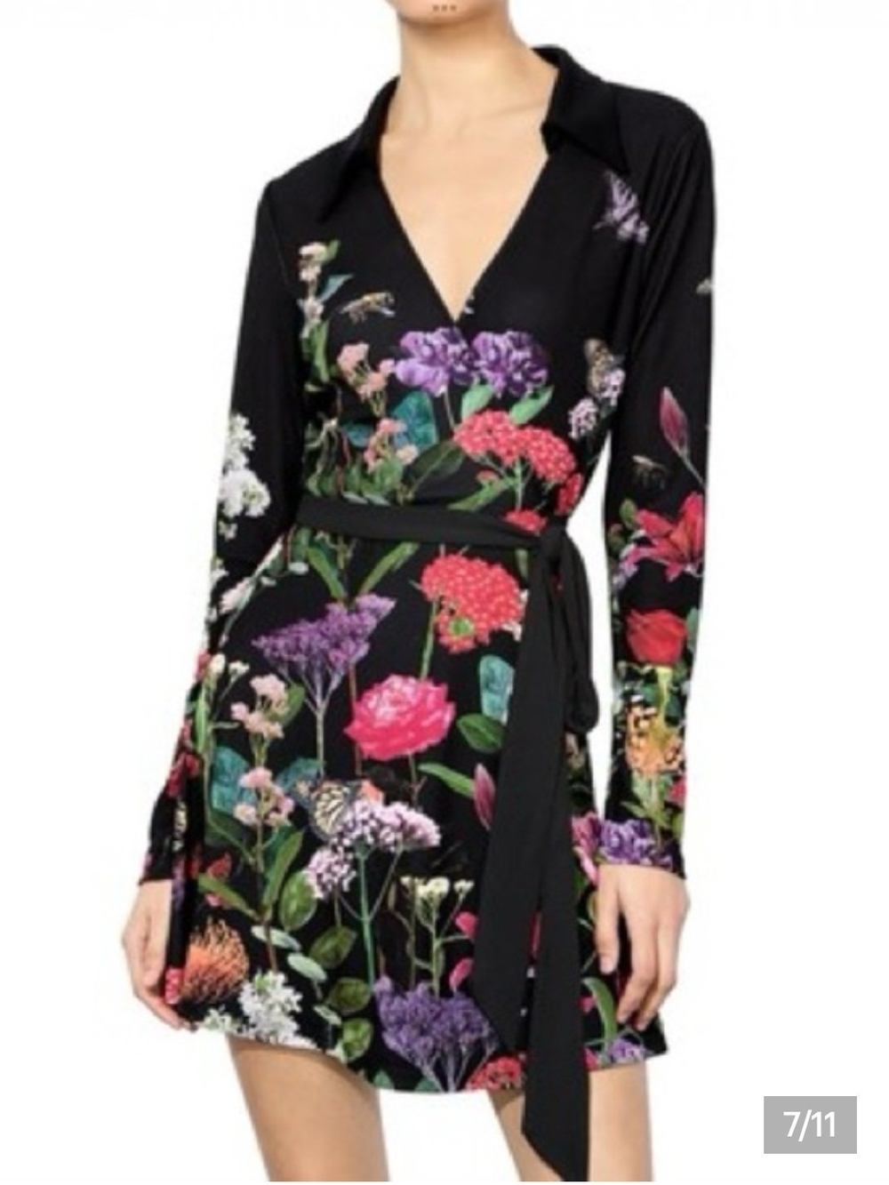Alice + Olivia Black Floral Wrap Dress with Pink, Purple and Green Blooms
